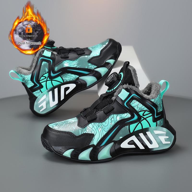 2025 Autumn/Winter Boys' Leather Sports Shoes with Velvet, Kids' Running and Basketball Sneakers