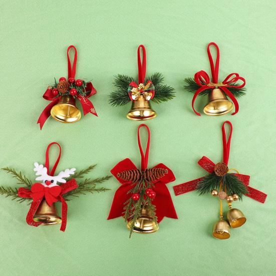 Holiday Home Decorations Christmas Bow Ornaments with Gold Jingle Bells, Xmas Tree Hanging Wreath Retail Window Displays Pine Cones, Red Berries