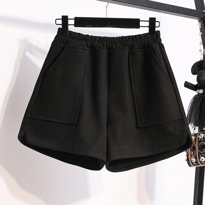

Autumn and Winter New European Plus size women clothing Chubby Girl Solid High Waist A Word Loose Wide Leg Woolen Shorts Boot Pants M-5XL Black 3XL