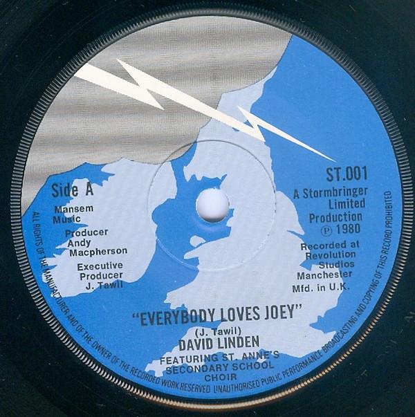 

7-дюймовая пластинка DAVID LINDEN Everybody Loves Joey ST001 Stormbringer 1980 UK Rock Б/у