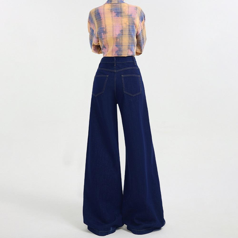 Personalized dark blue loose wide-leg jeans women's new spring and autumn high-waisted thin and drape floor-mopping jeans