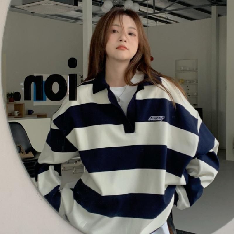 

Весеннее спортивное худи с полосатым колор-блоком и воротником поло для женщин, оверсайз, повседневный, облегающий топ M