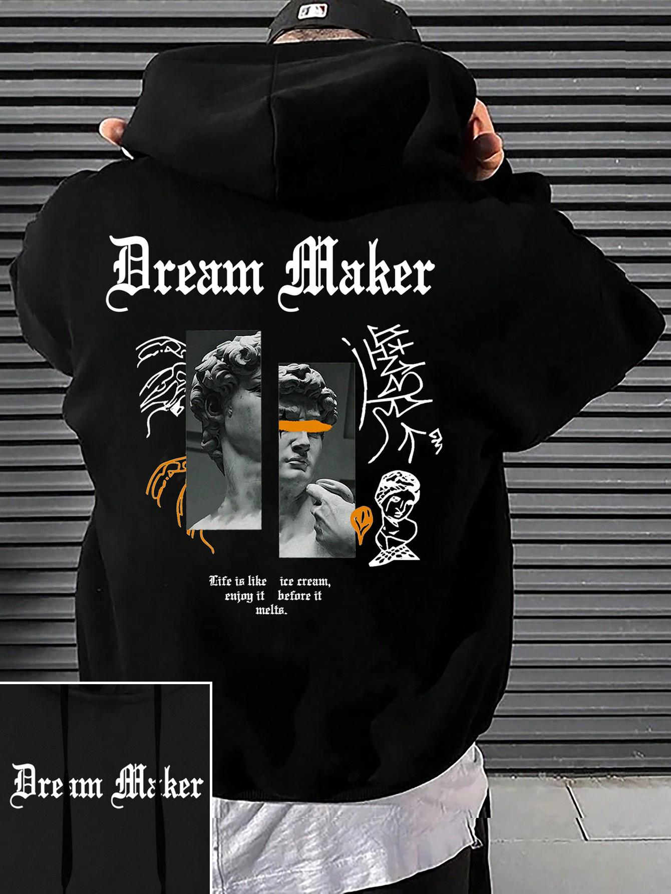 

Dream Maker Brave Sculpture Pattern Men Clothing Creative Pocket Hoodies Hip Hop Autumn Streetwear Fleece Casual Male Clothing 2XL