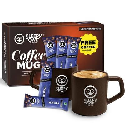 Sleepy Owl Coffee Mugs Set of 2 (200ml) with 5 Free Coffee Sachets | Eco-Friendly & Sustainable Cup | Microwave Safe | 100% Arabica Coffee with Mug