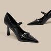 2026 New Summer French Black Pointed Patent Leather Mid-heel Overhead Sandals for Women Retro Skinny Heel Back Empty Shoes