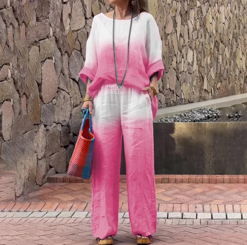 

Жіночий костюм з градієнтним кольором, бавовна, льон, довгі рукави, весна-літо, повсякденний, простий, модний, кишеньковий, довгі штани, жіночий комплект із двох предметів S
