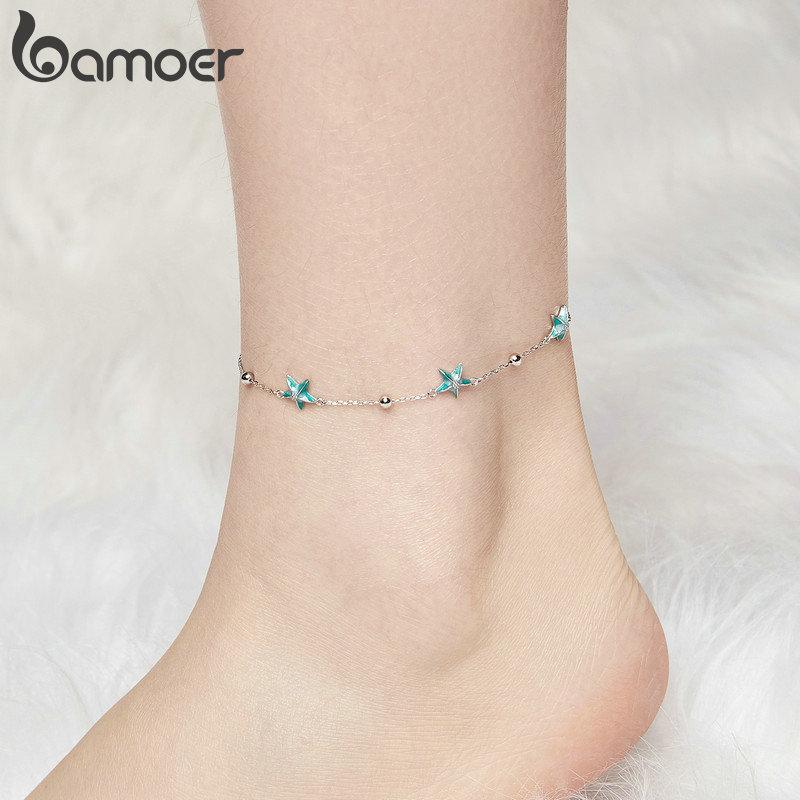 Bamoer 925 Sterling Silver Blue Starfish Bracelet Plated White Gold Adjustable Chain for Women Summer Fine Jewelry Party