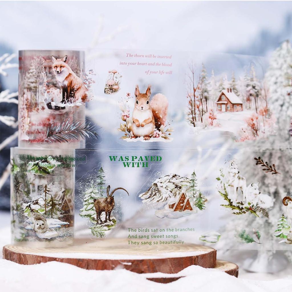 Kigofora Snölandsskog Collage Genomskinlig PET Djurskog Snölandskap Serie Flake Mokkiri Vinterskog Rulle DIY Dekorativa Klistermärken för Gåva