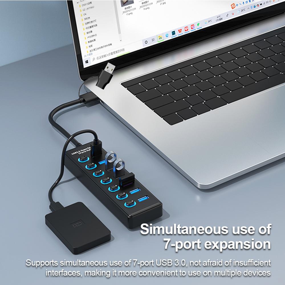 KEBIDUMEI USB HUB 7 Ports USB3.0 Splitter 5Gbps with Individual Switch Power Adapter for Laptop USB Ports Extender USB-C Docking