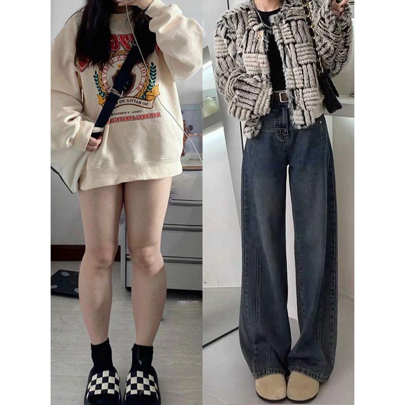

Women s Plus Velvet High-Waist Wide-Leg Jeans in Cement Gray - Autumn/Winter Straight-Leg Pants 2XL
