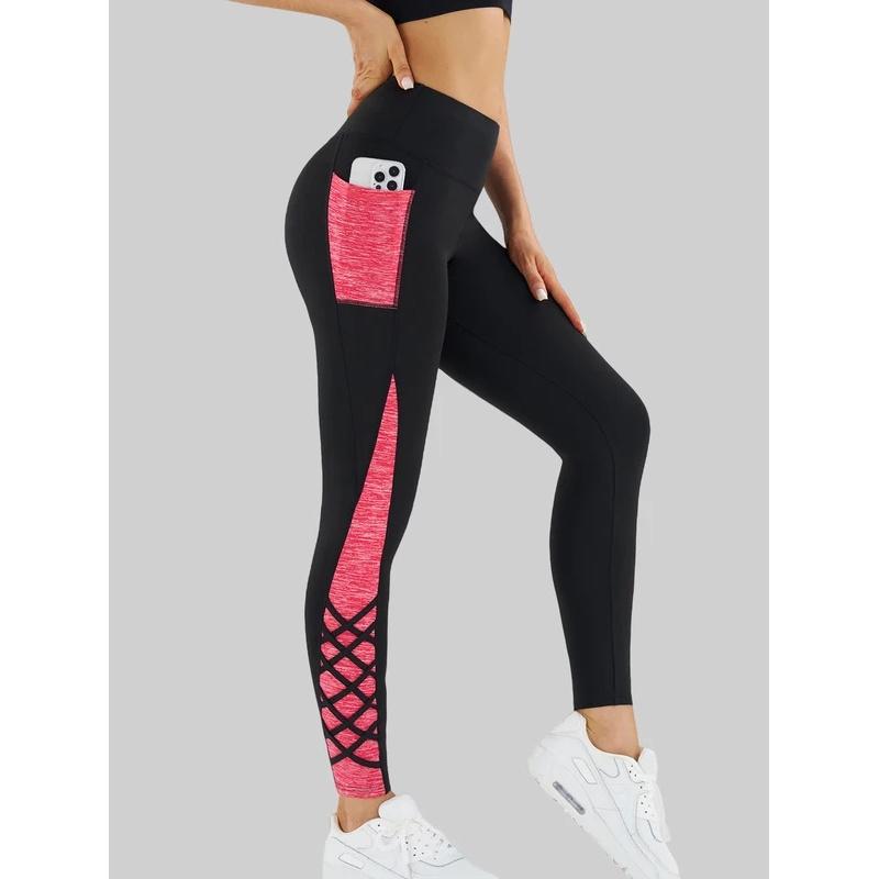 Contrast Geometric Print Pocket Yoga Leggings for Women, High Waist Compression Workout Gym Fitness Trousers