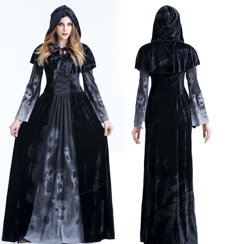 Vampire & Witch Halloween Costume: Skull Print Hooded Dress for Adults & Kids