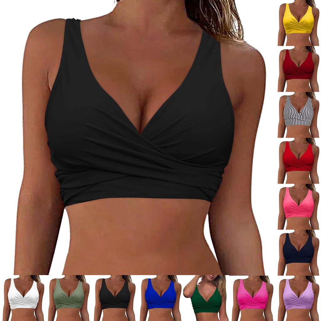 Women's Sexy Bikini Fashion High Waist Solid Color Cross Tie Bra Pad No Steel Support Swimsuit
