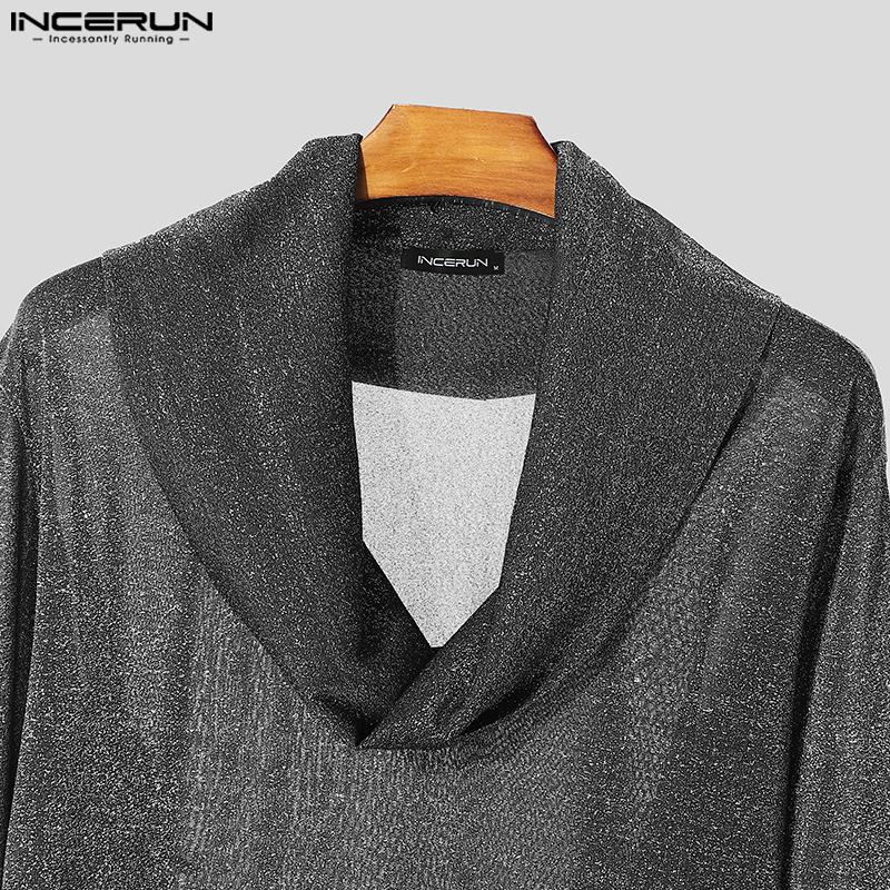 INCERUN Men Cowl Neck Long Sleeve See Through Irregular Tops Glitter Mesh T-shirts