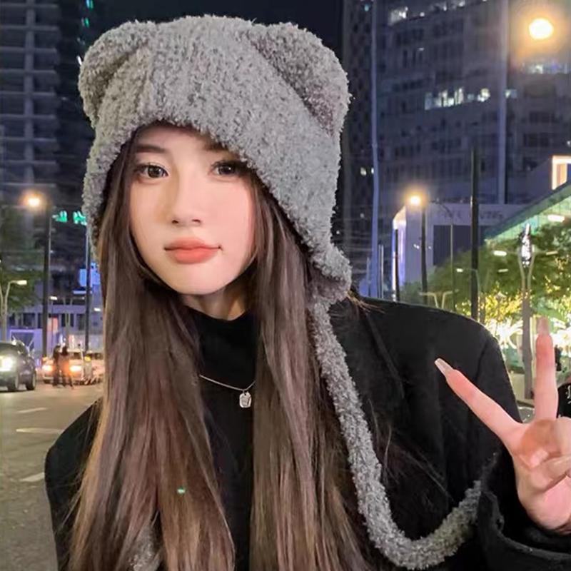 Autumn And Winter Cute Bear Plush Hat Women'S Able Warm Woolen Hat Large Head Circumference Ear Protection Hat