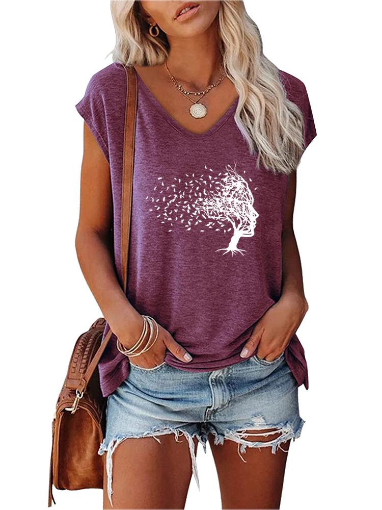 Women Fashion T-shirt Summer V Collar Print Short Sleeve Top Ladies Casual Tee Shirt