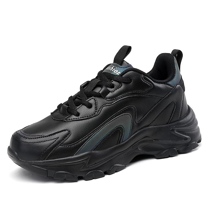 Autumn and Winter Brand Women's Shoes Black Leather Waterproof Casual Sports Shoes Versatile Soft-soled Dad Shoes Non-slip Travel Shoes