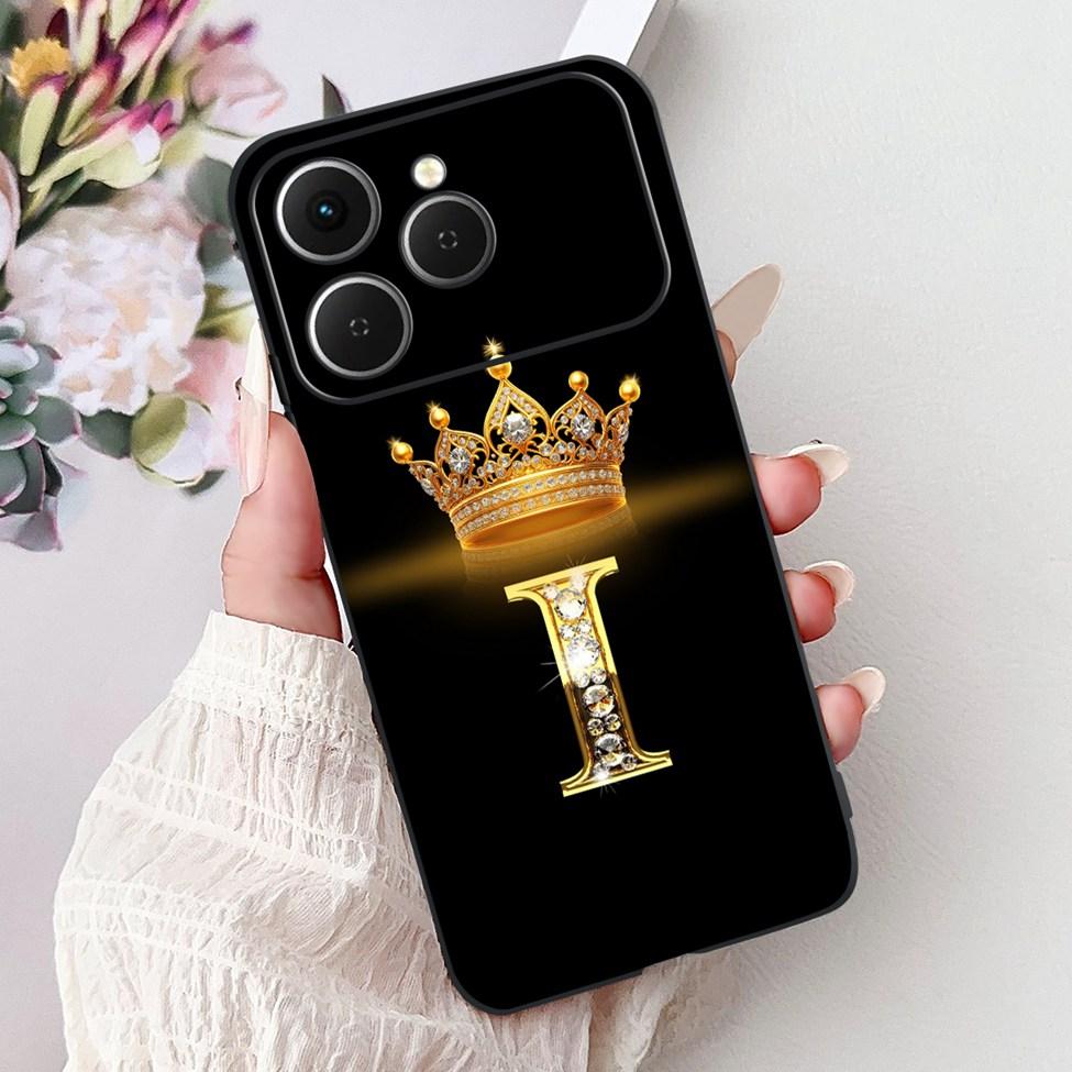 For Tecno Spark 40 Case Black Silicone Luxury A-Z Letters Fashion Flowers Crown Shockproof Cover For Techno Spark 40 Phone Case