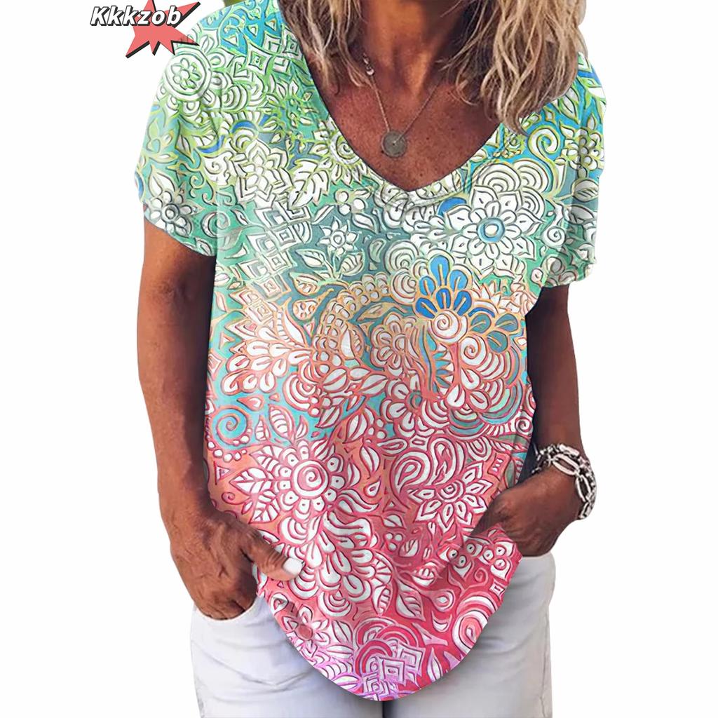 Vintage Print Top Women Short Sleeved Streetwear Summer Tee Women's Fashion Casual V Neck T Shirts Y2k Oversized Female Clothing