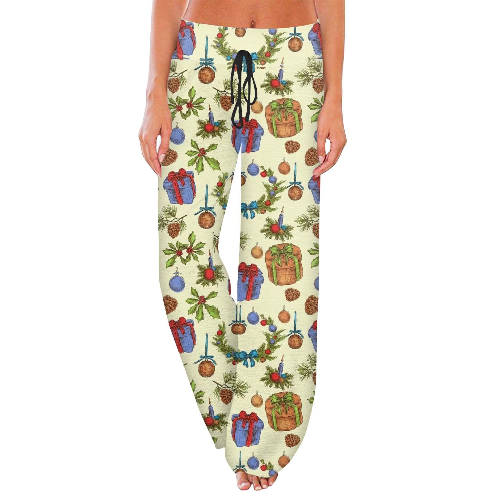 

Женские повседневные модные удобные пижамные брюки с рождественским принтом, широкие брюки на шнурке M бежевый