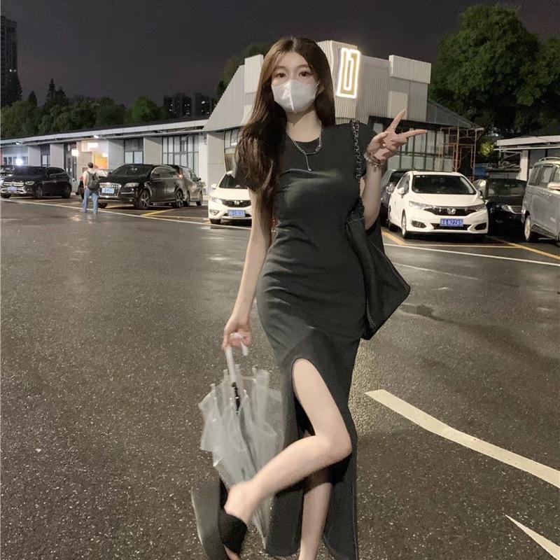 Large size casual short-sleeved T-shirt dress for women's spring waist and thin straight skirt, pear-shaped figure split-ended long skirt