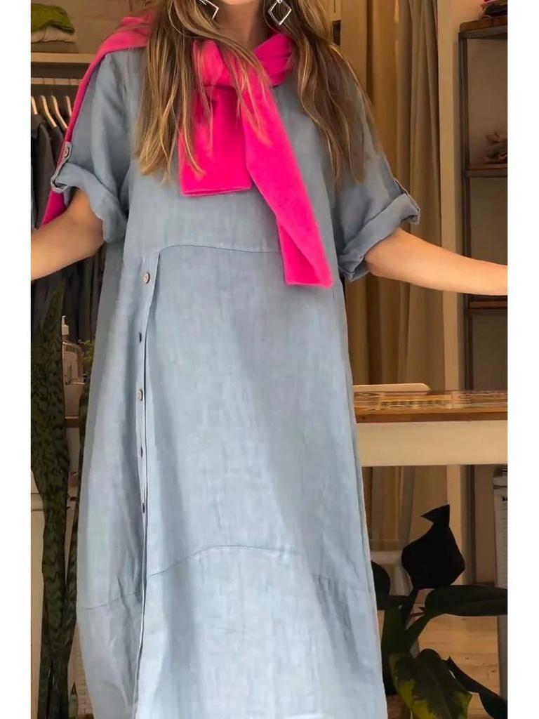 Vestido de Verano de Algodón y Lino para Mujer Europeo y Americano - Holgado, Color Sólido, Manga Corta Estilo Casual
