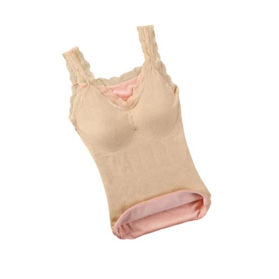 Women's Thermal Tank Top Lace Trim Sleeveless Camisole Shirts Fleece Lined V Neck Warm Base Layer Cami Underwear Tops with Built-in Bra