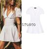 Spring New Women's Clothing Ruched Decorative Puffy Short Sleeve Small Round Lapel Poplin Dress 0881314