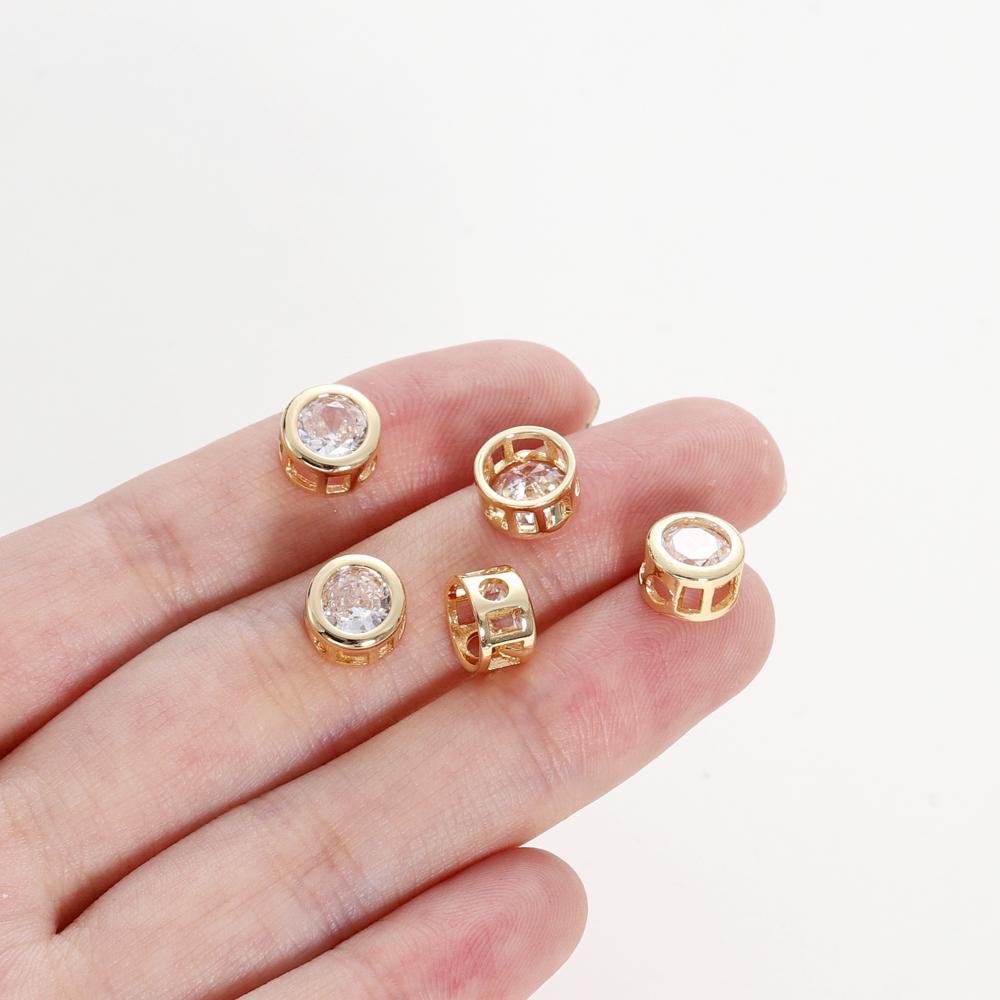 2/4/6Pcs 18K Gold Plated Rhinestone Round Beads Brass Metal Cubic Zirconia Spacer Beads DIY Jewelry Making Accessories