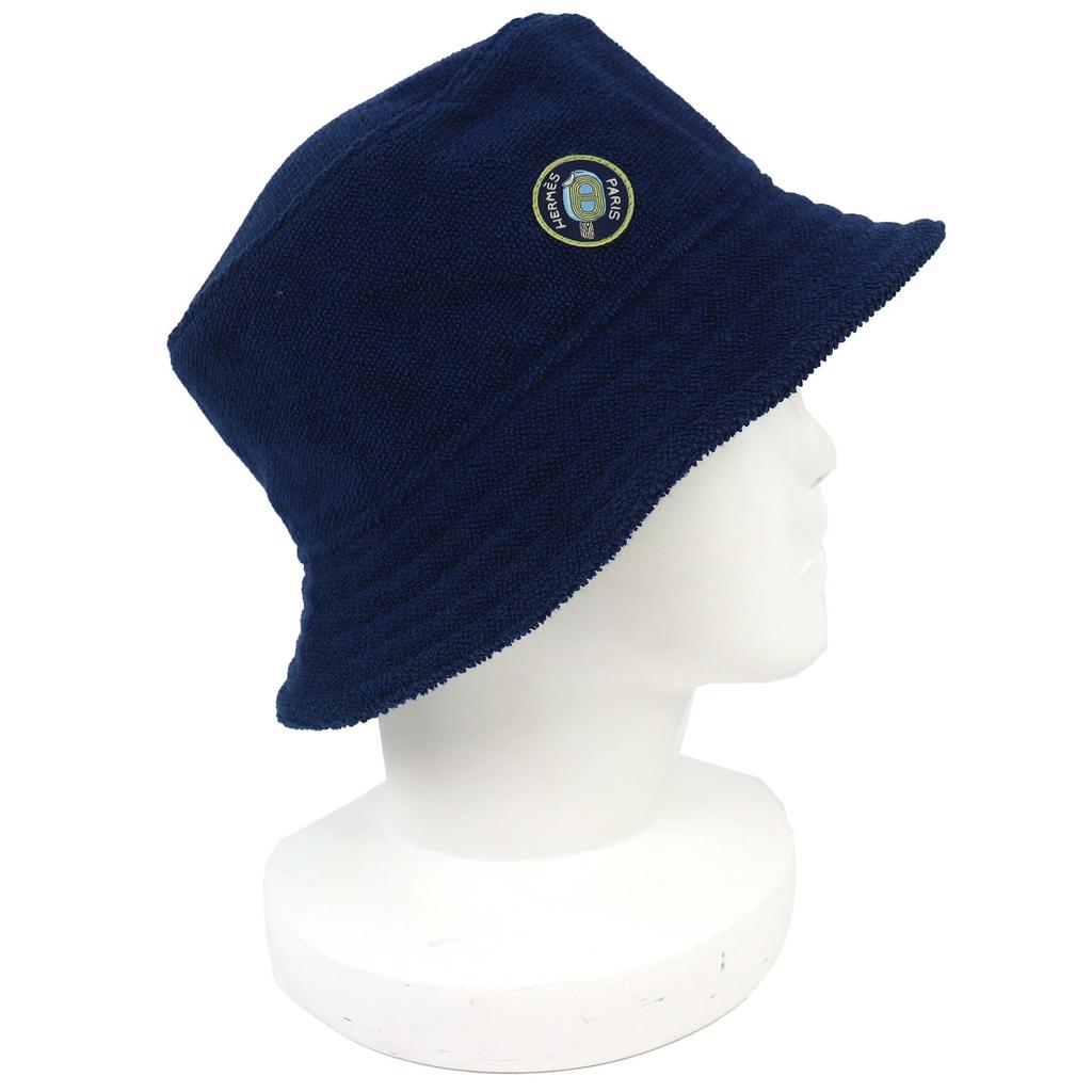 Excellent HERMES hat HERPER Tile fabric bucket hat with logo patch Navy 57 Used