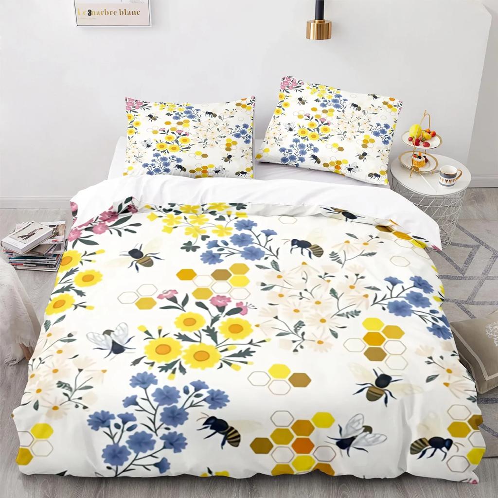 Cute Cartoon Bee Duvet Cover King Queen Sweet Honey Bedding Set Kids Boys Girl Spring Yellow Flying Insect Polyester Quilt Cover