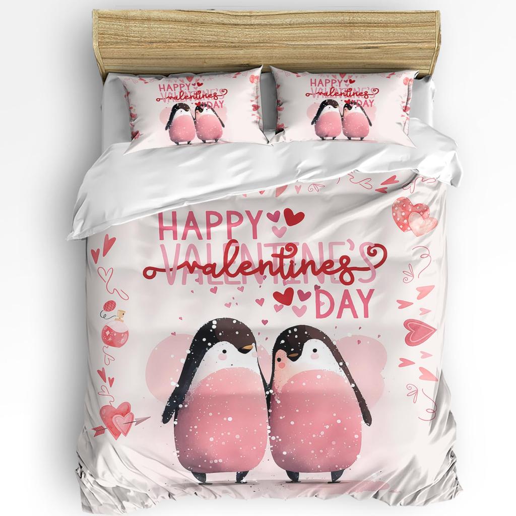 Cute Penguin And Love Heart Duvet Cover Set For Kids Teens Lightweight Quilt Cover With 2 Pillowcase Cartoon Penguin Bedding Set