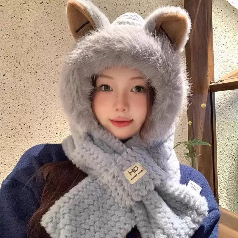 

Women s hat and scarf combo, plush hat, warm and thick, anti-freeze, windproof, hooded neck warmer, Korean style, cute Water Ripple（Gray）