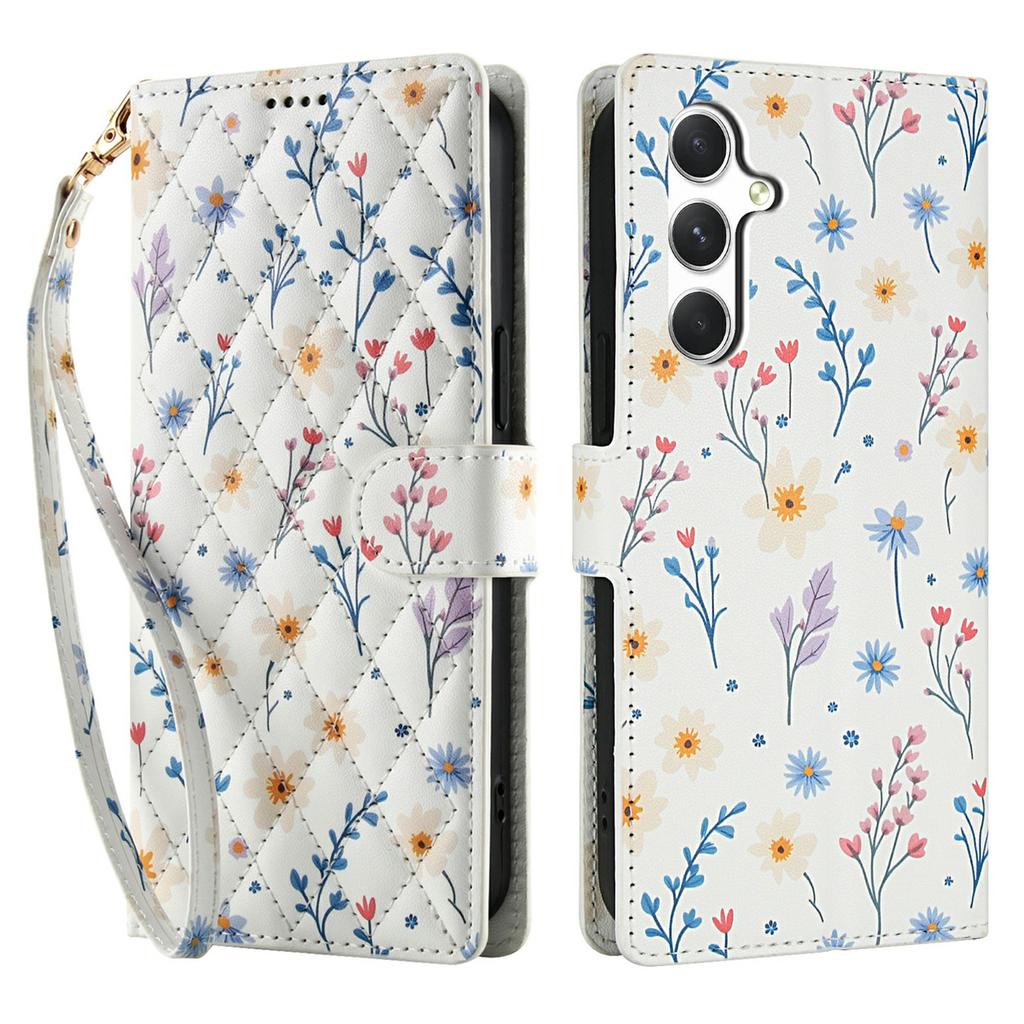 For Samsung Galaxy A25 5G (Global) (161.0 x 76.5 x 8.3mm) Wallet Case Rhombic Floral Design Leather Flip Phone Cover with Strap