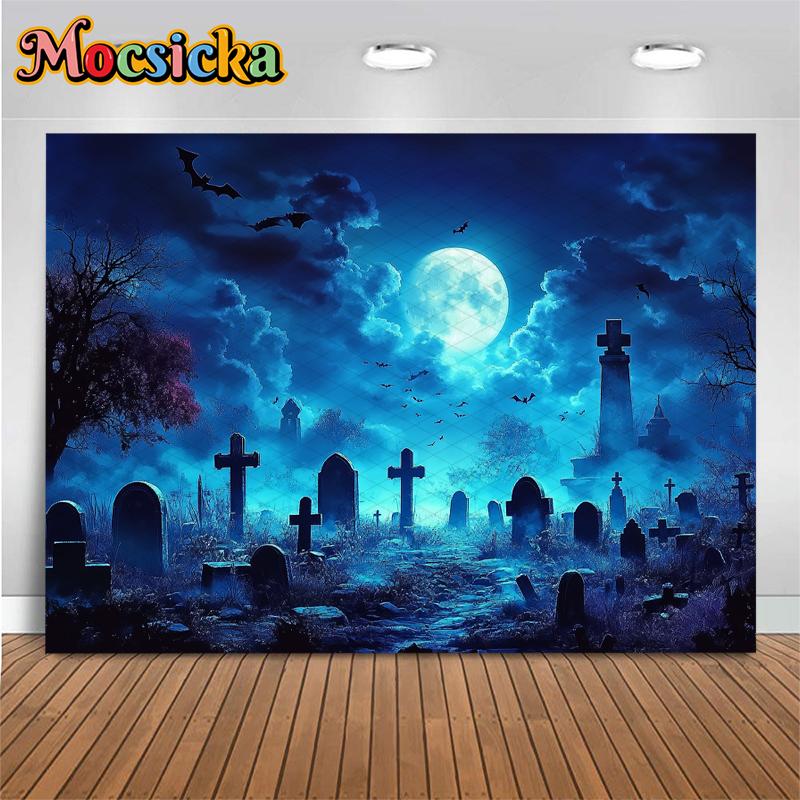 Mocsicka Halloween Photography Background Horror Night Moon Cemetery Day Of The Dead Decorations Holiday Festival Party Backdrop