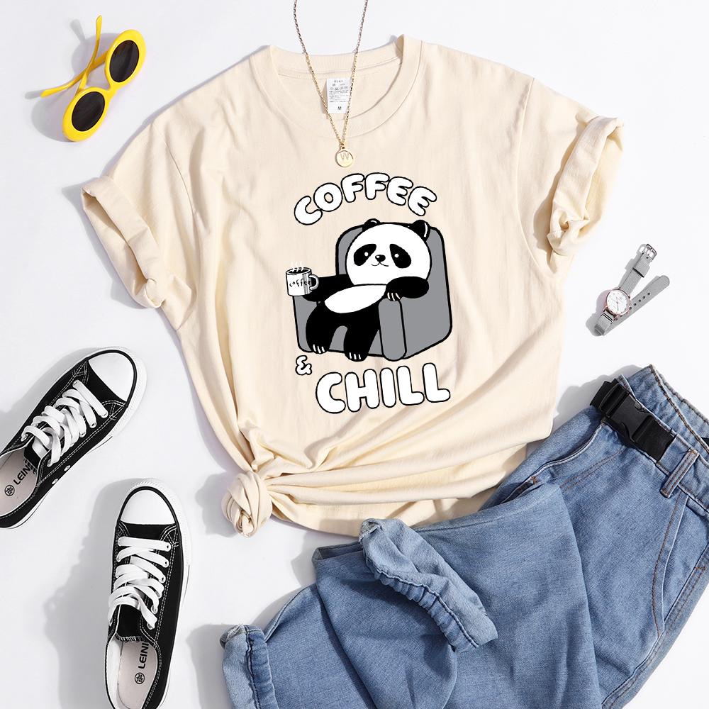 Coffee And Chill Kawaii Panda T Shirts Female Street Creativity T-Shirt Soft Casual Tee Clothes Hip Hop Cool Crop Tops