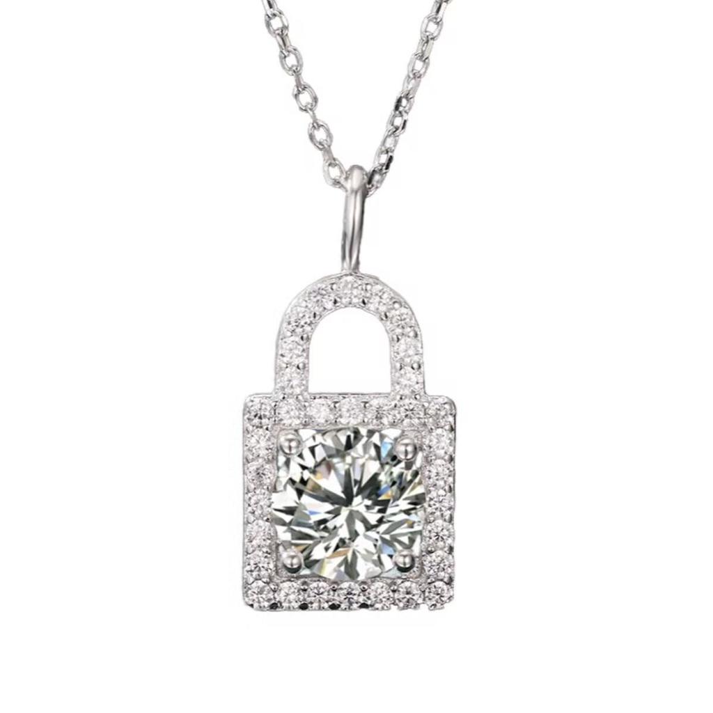Elegant 1 Carat Moissanite Lock Pendant Necklace in S925 Sterling Silver for Women