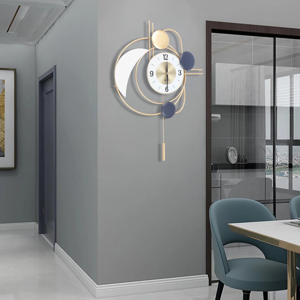 Elegant Golden Round Wall Clock, Modern Swing Pendulum Clock, Battery Operated Analog Timepiece - 8.27In Dial, 19.29x27.95 In