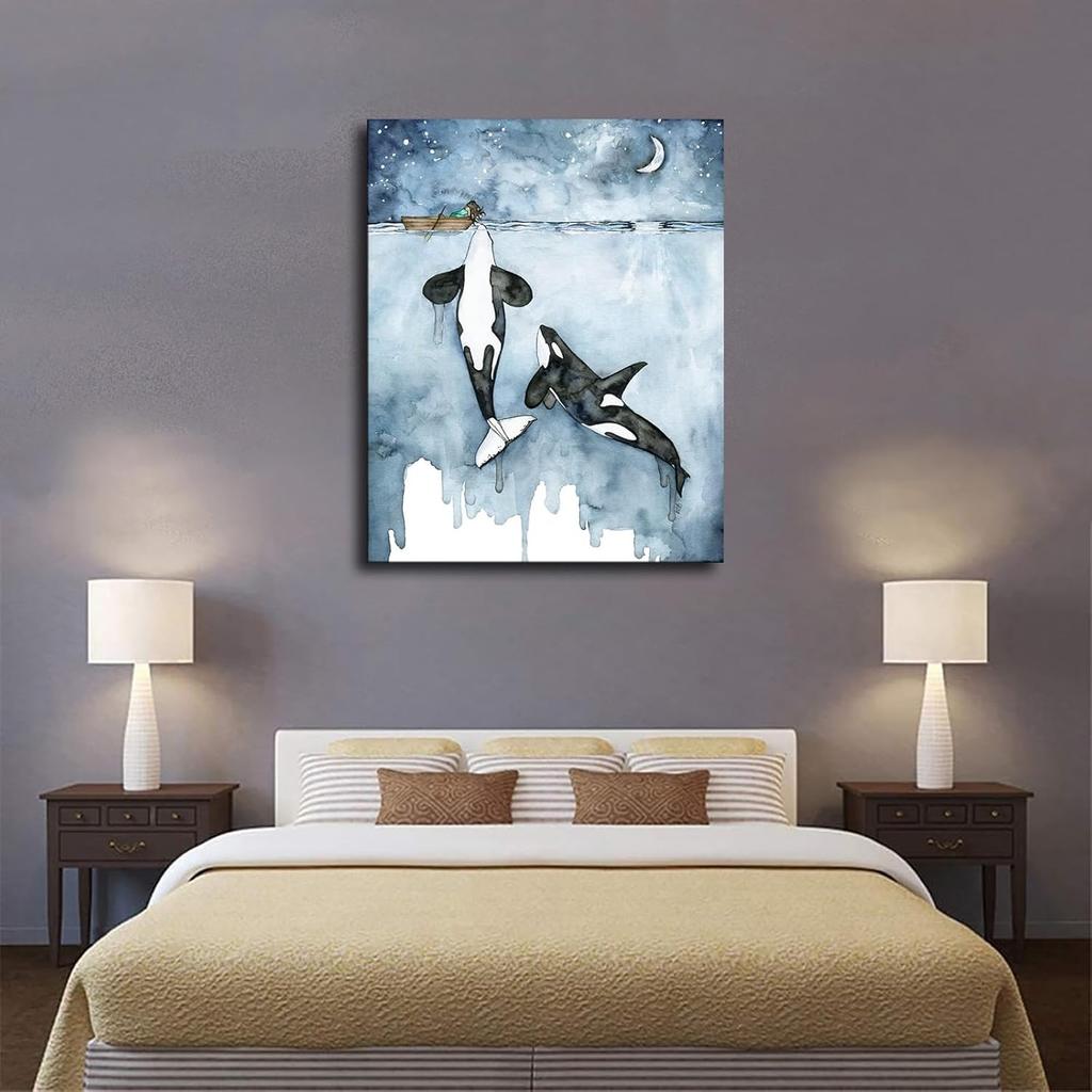 ניקאו אורקה ונערה הדפס קנבס ציור בצבעי מים אמנות קיר לווייתן קטלני פוסטר חיי ים ציור קנבס אמנות קיר תמונה מתנה חדר שינה בית