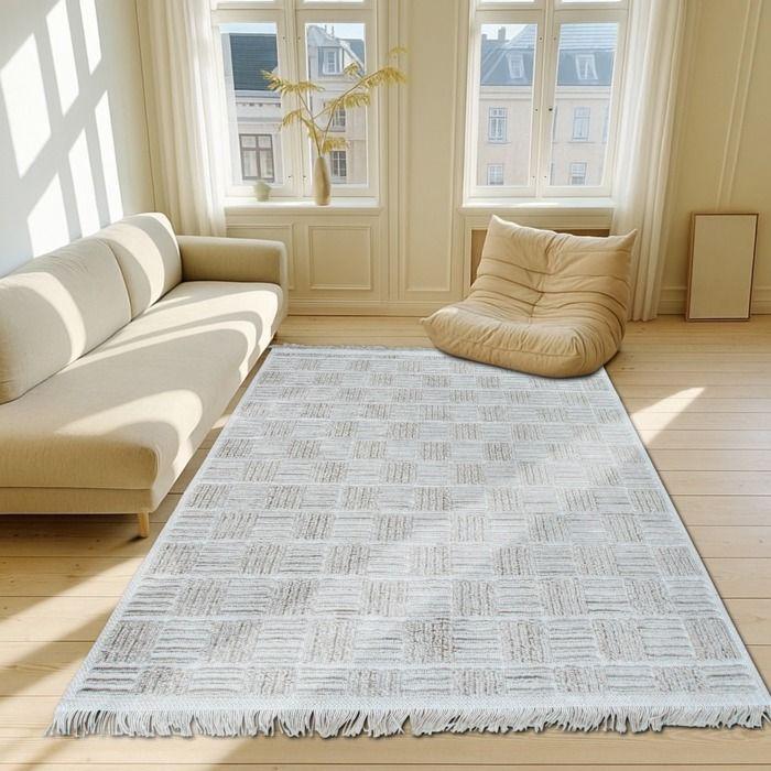 Tapis salon damier en jute naturel artisanal reliefs beige 120x160