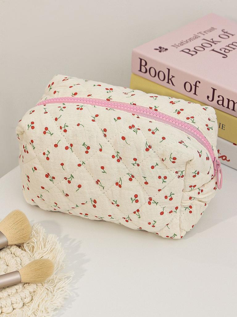 Floral Heart Print Cotton Makeup Bag For Women Travel Large Capacity Cosmetic Storage Bag Wash Pouch Student Stationery Pen Bag