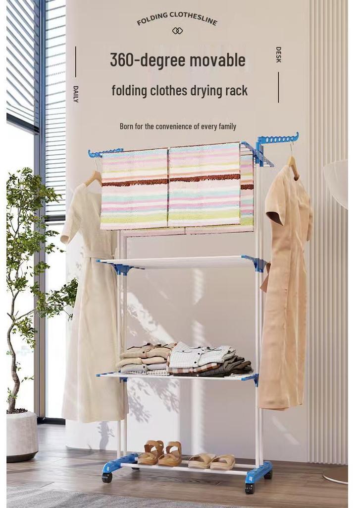 Dual Rod Folding Wing-shaped Clothes Rack: Floor-standing, Multi-functional, Movable, and Foldable