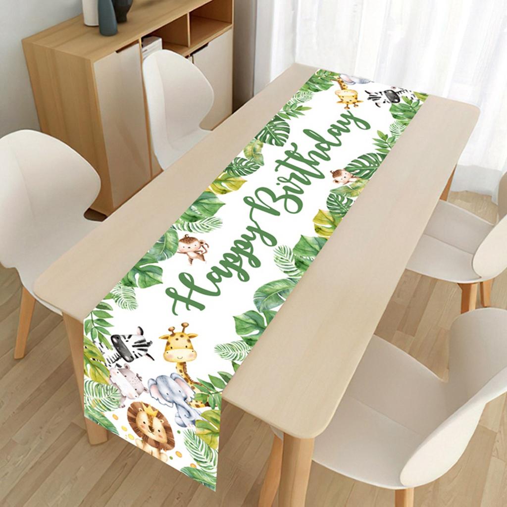 Djurdjungel Grattis på födelsedagen Bordslöpare Banderoll Djungelsafari Födelsedagsfest Dekorationer Babyshower Wild One Festtillbehör