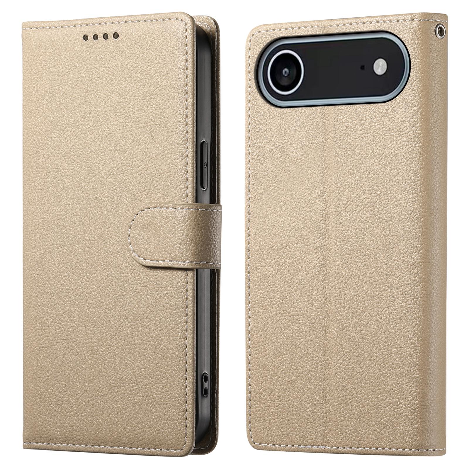 

For iPhone 17 Air Case Magnetic Snap Litchi Texture Leather Wallet Phone Cover with Wrist Strap Apricot