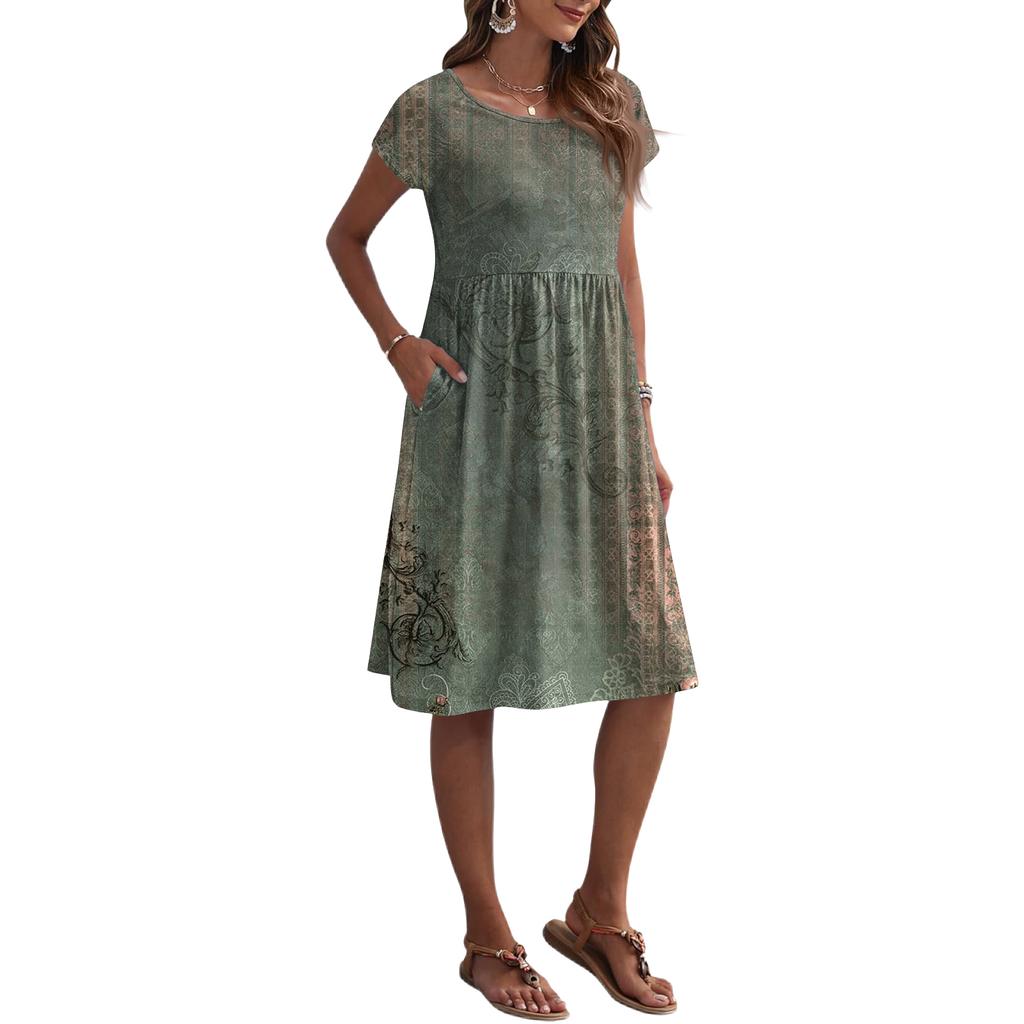 Women's Summer Fashion Casual Round Neck Short Sleeve Floral Print Dress