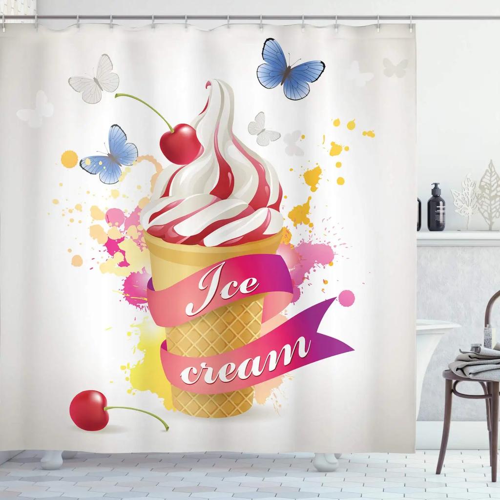 Ice Cream Shower Curtain Summer Flower Rainbow Popsicle Colorful Dots Design Fabric Waterproof Bath Curtain Bathroom Curtain Set