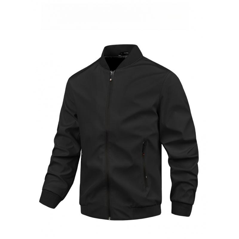 New Men Jacket Solid Color Casual Simple Stand-Up Collar Fitted Zip-Up Cardigan Top For Men Clothes L чёрный