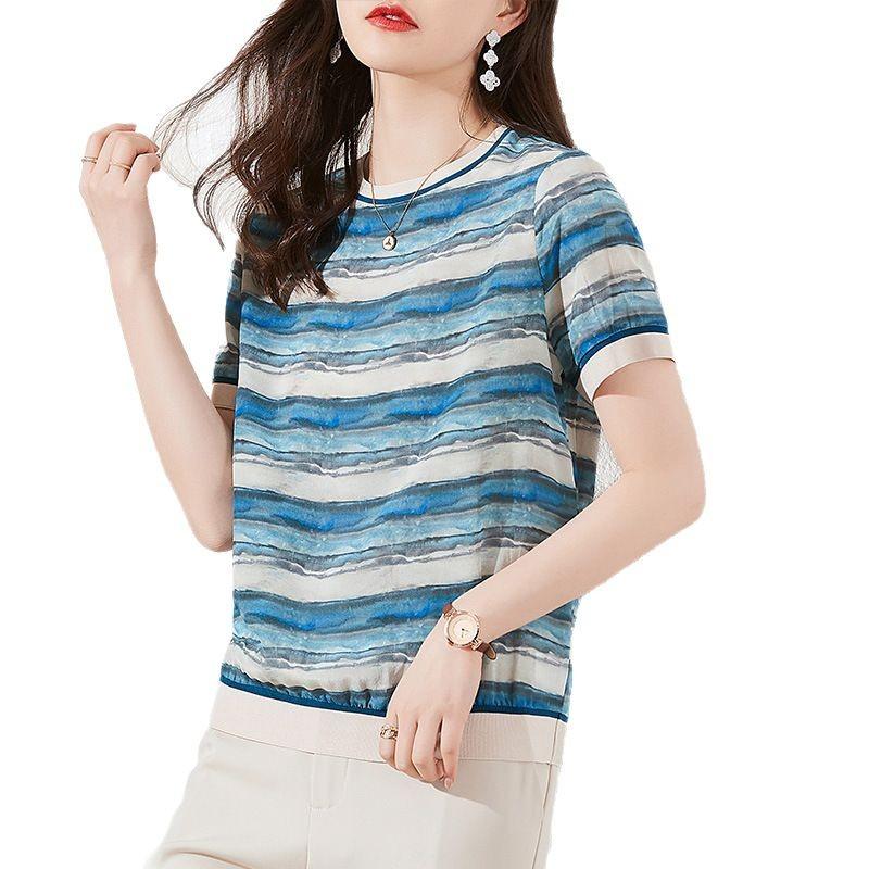 Mulberry Silk T-shirt Women's Short-sleeved  Dress Fashion Crew Neck Top, Thin Silk