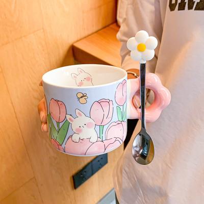 Cute Tulip Water Cup Girls Ceramic Mug Couple High Value Home Children's Breakfast Cup Souvenir