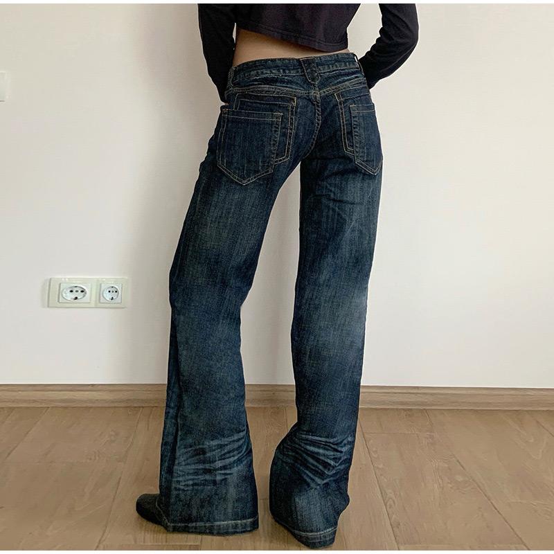 Patchwork Pockets Jeans Korean Fashion Low Rise Casual Straight Denim Pants Distressed Y2k Trousers for Women Basic Solid Color Jean